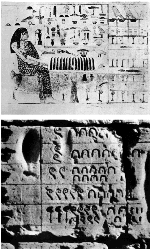Chiffres hieroglyphiques grav�s au temple de Medinet Habou (Th�bes).